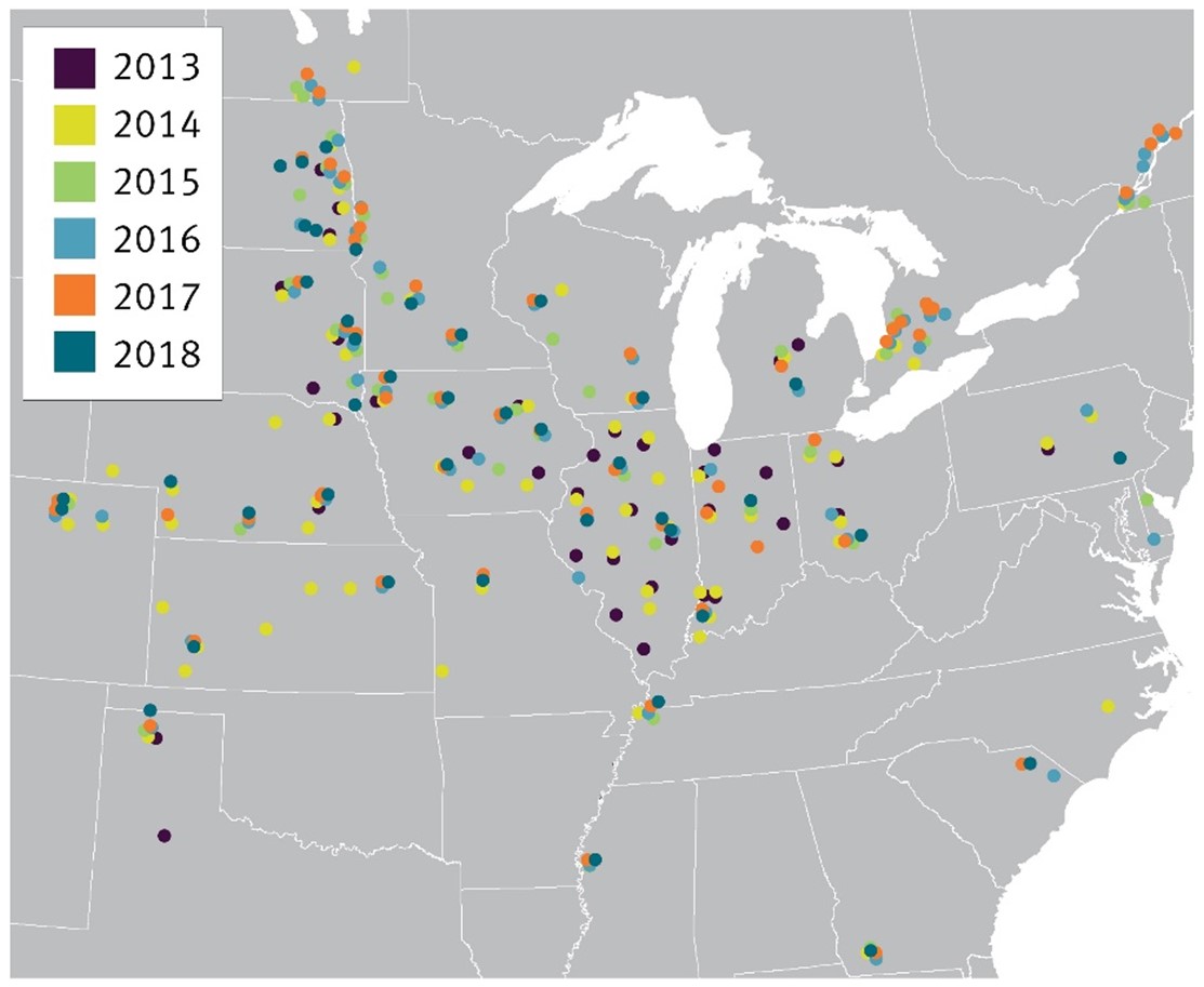 Pioneer plant population test locations in North America, 2013-2018.