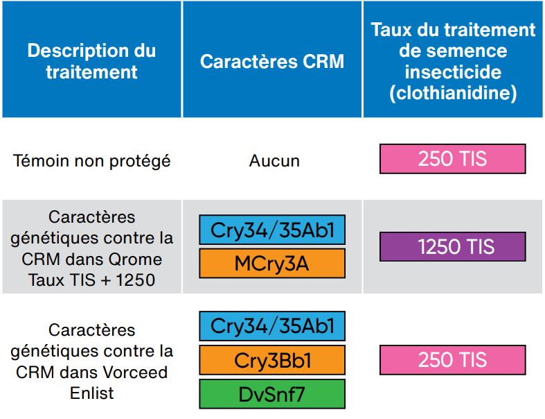 Comparaison des traitements contre la chrysomèle des racines du maïs (CRM) à la sortie des adultes en 2022 au moyen d’expériences.